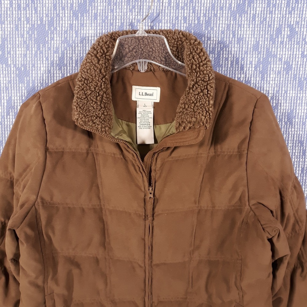 L.L. Bean Puffer Coat Jacket Womens Large Petite Goose Down Faux Fur Trim Brown - Picture 2 of 13